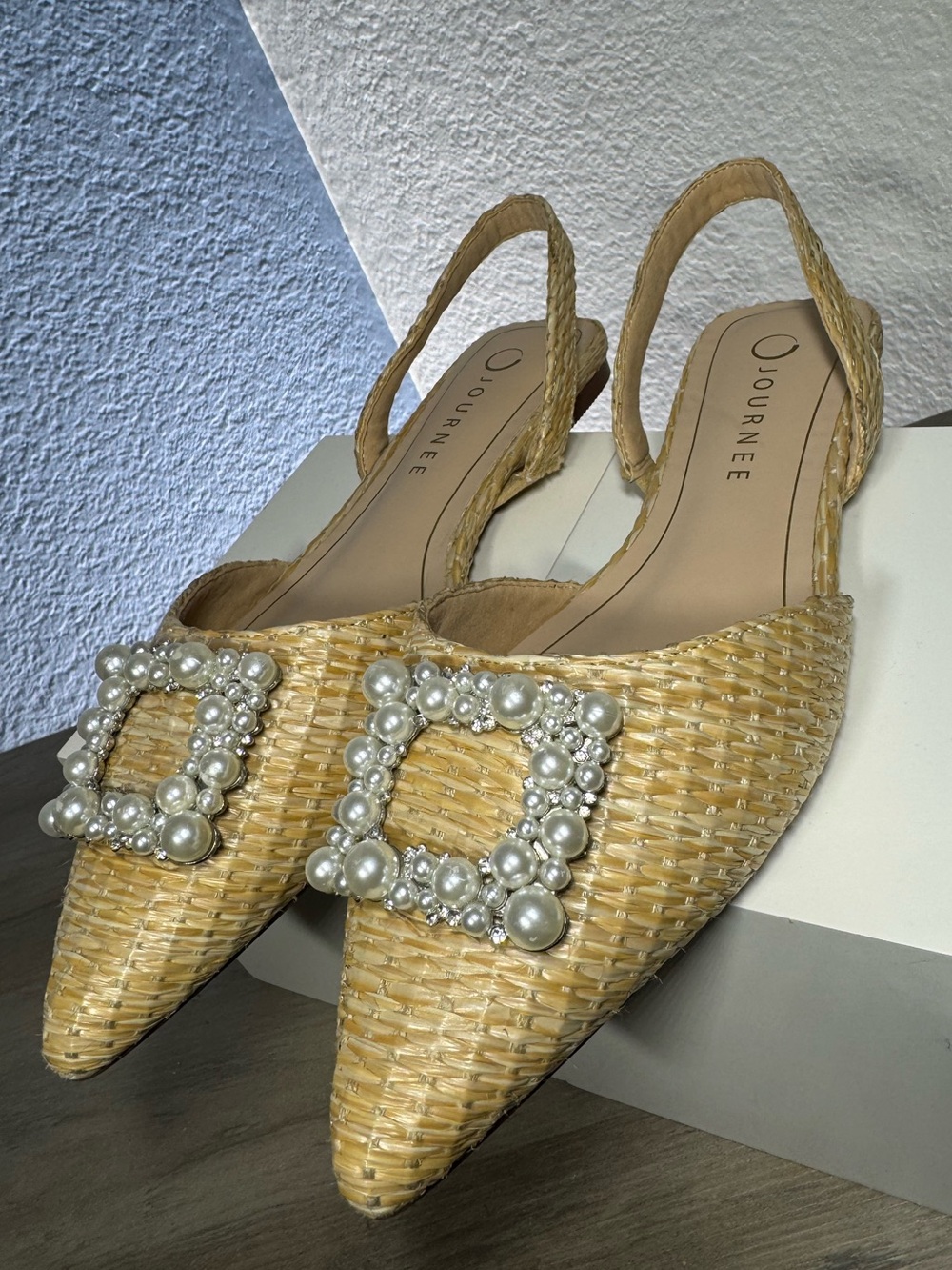 Journee Raffia Pearl Buckle Slingback Flats Coastal Grandmillennial Chic